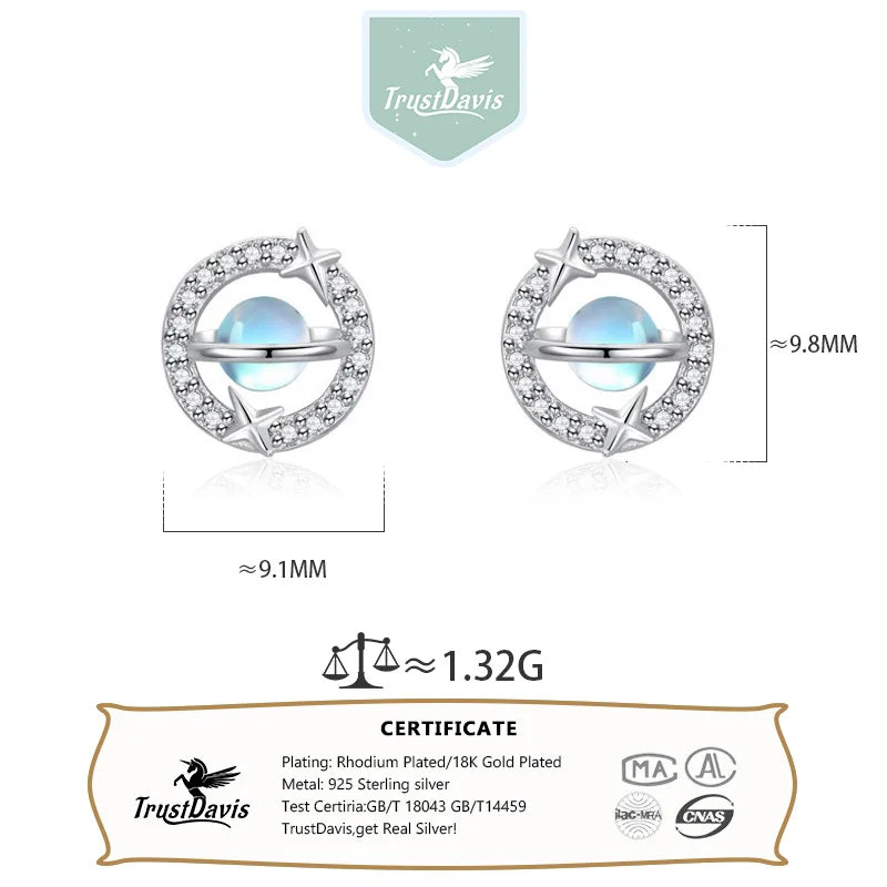 TrustDavis Real 925 Sterling Silver Women's Fashion Moonstone Planet Zirconia Stud Earrings for Women Girls Jewelry Gifts DS4243