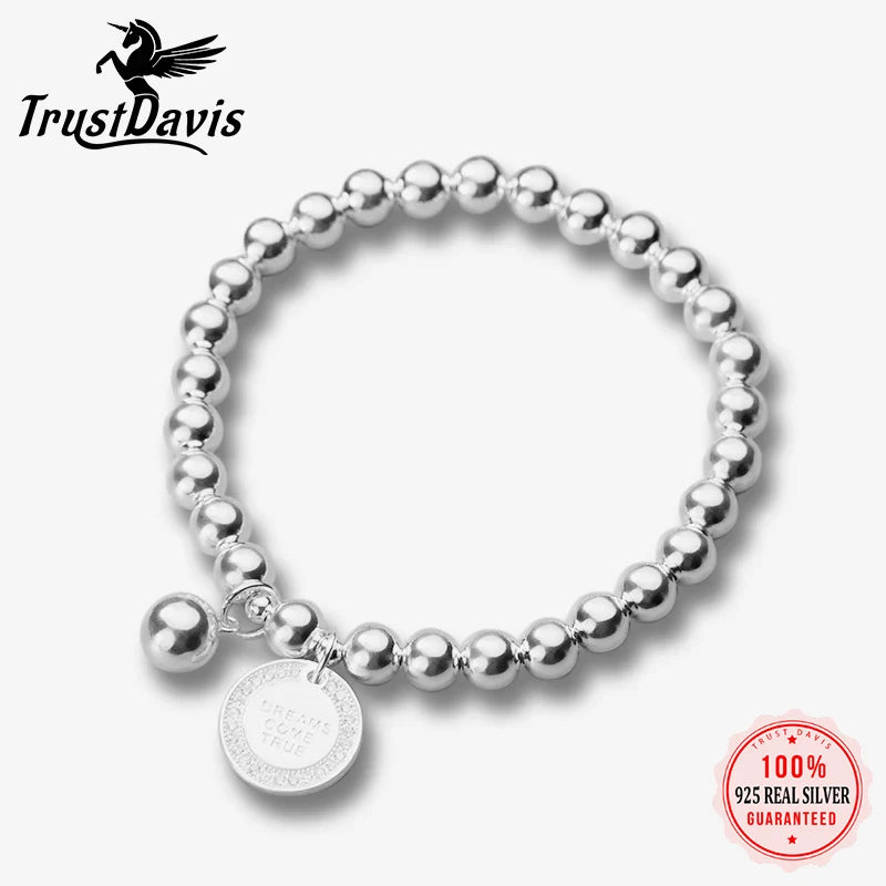 TrustDavis Real 925 Sterling Silver Fashion Sweet 6cm Beads Chain Coin CZ Bracelet Elastic For Women Mother's Day Jewelry DA2057