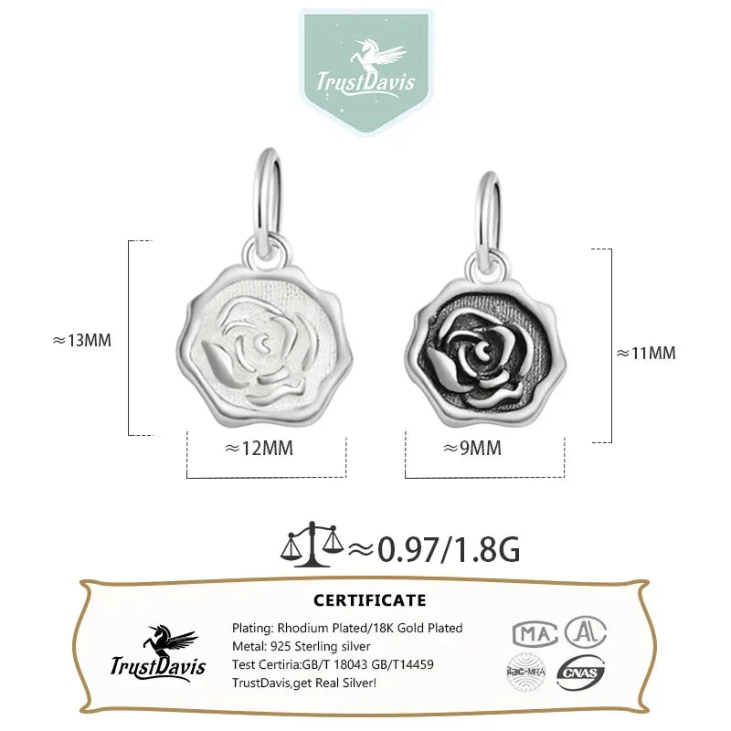 TrustDavis New Fashion Real 925 Sterling Silver Trendy Romantic Rose Charm Pendant Handmade DIY Accessories Wholesale DZ1681