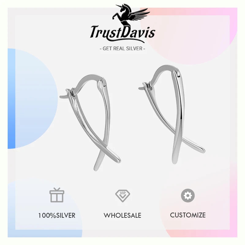 TrustDavis Real 925 Sterling Silver Women's Fashion Simple Cross X-shape Earrings for Women Girls Gift Fine Jewelry DS4674