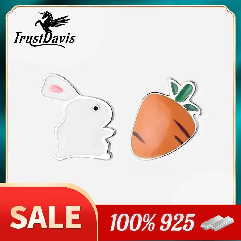 TrustDavis Real 925 Sterling Silver Fashion Cute Small Glaze Rabbit Turnip Stud Earrings Gift For School Girls Teen Lady DS155