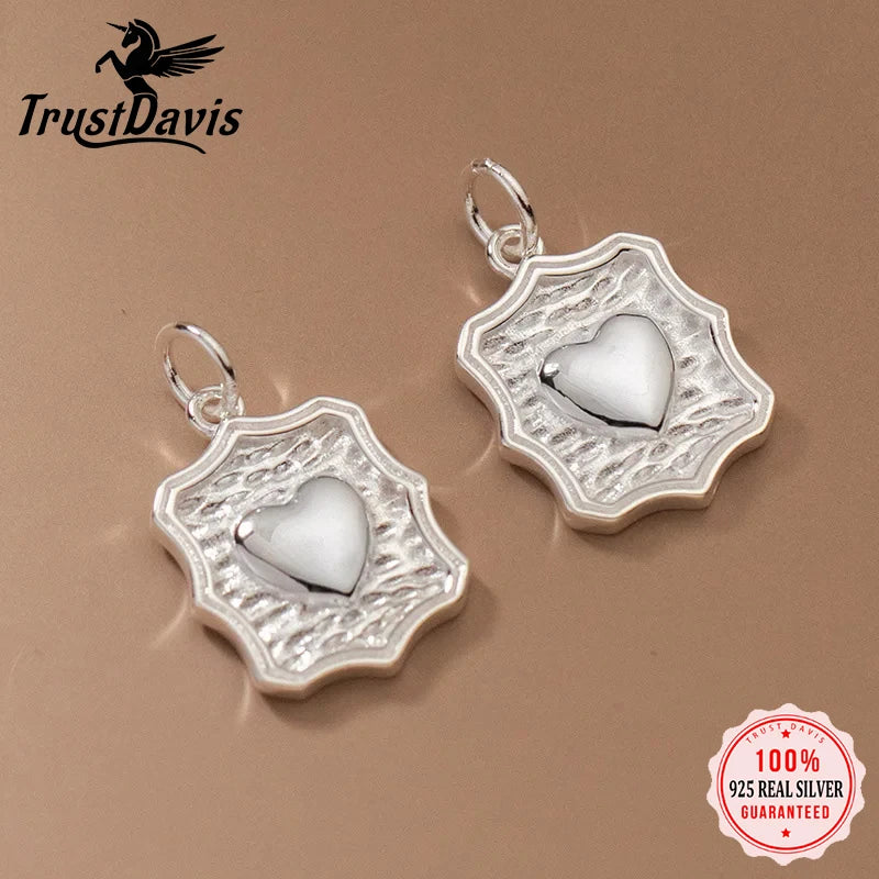 TrustDavis Real 925 Sterling Silver Vintage Wave Heart Charm Pendant for Women Kids Handmade DIY Accessories Jewelry DZ1006