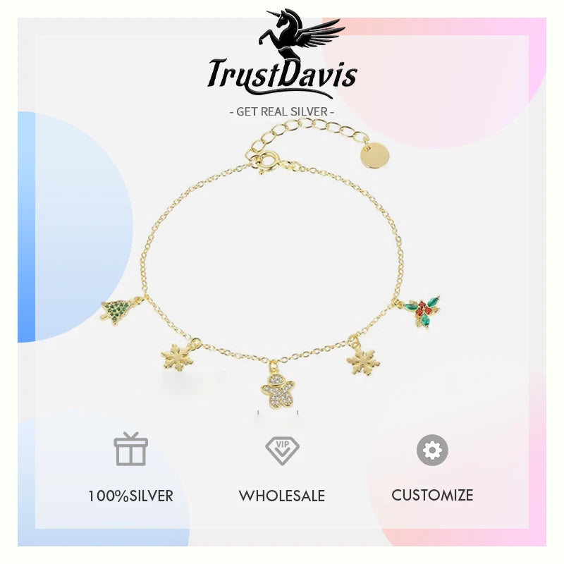 TrustDavis 925 Sterling Silver Women's Fashion Simple Christmas Tree Snowman Set for Women Girls Christmas Jewelry Gift DS4696