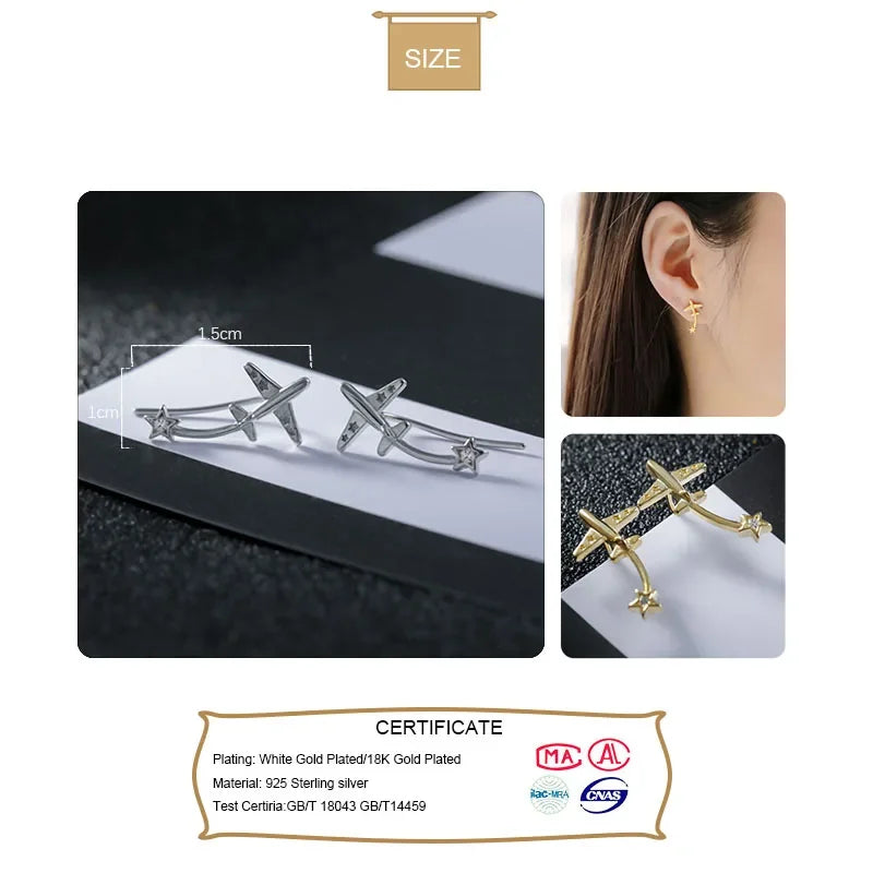 Real 925 Sterling Silver Fashion Plane Star Ear Hook Charm Stud Earrings H072