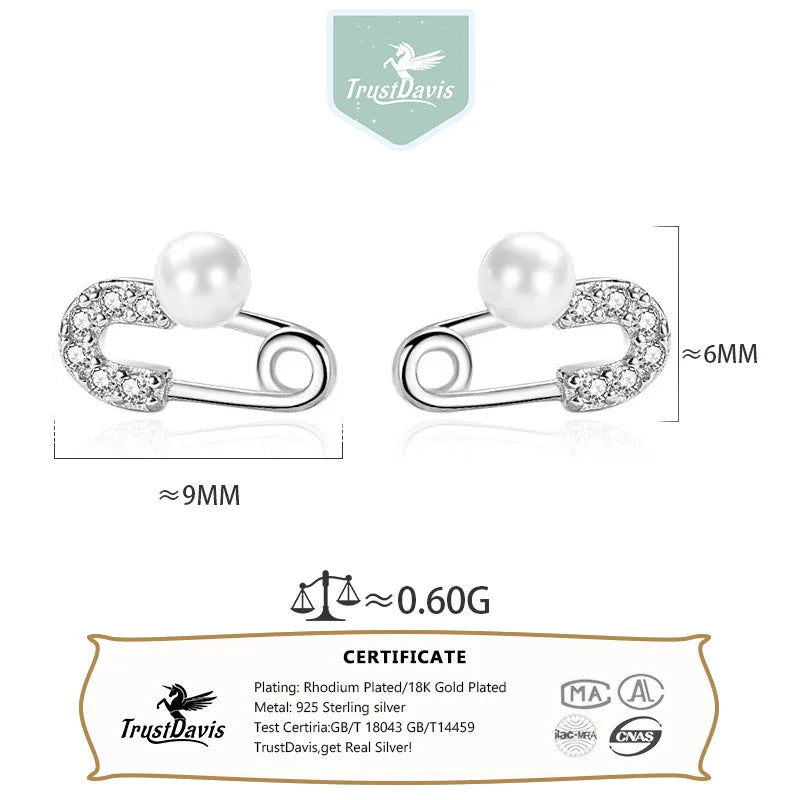 TrustDavis 925 Sterling Silver Women's Fashion Simple Pearl Paper Clip Stud Earrings for Women Girls Jewelry Gift DS4296
