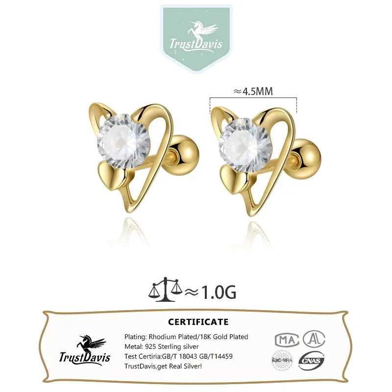 TrustDavis Girls Real 925 Sterling Silver Romantic Heart Screw Stud Earrings Women Daughter Birthday Party Gift Jewelry DS4311