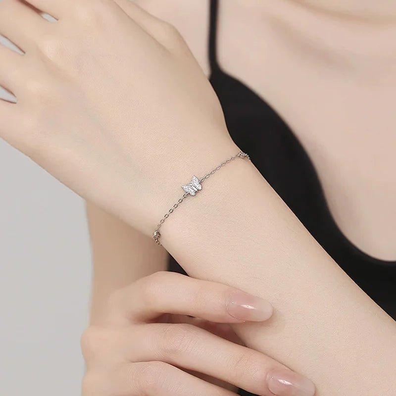 Trustdavis Real 925 Sterling Silver Sweet and Fresh Butterfly Zircon Bracelet Women Girls Birthday Party Gift Jewelry DS4145