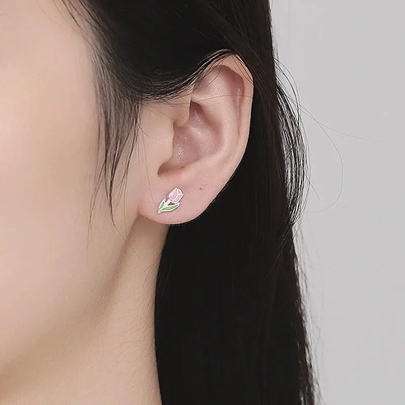 Trustdavis Real 925 Sterling Silver Sweet Fashion Tulips Fresh Stud Earrings Women Girls Birthday Party Gift Jewelry DS4136