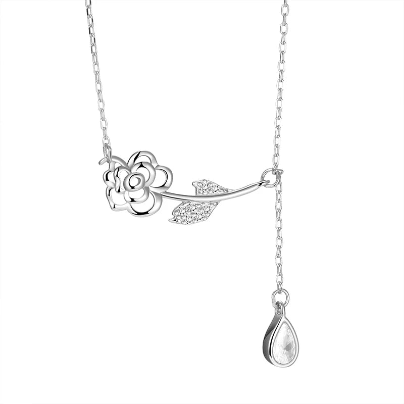 TrustDavis 925 Sterling Silver Women's Fashion Simple Rose Zircon Tassel Necklace for Women Girls Jewelry Gift DS4275