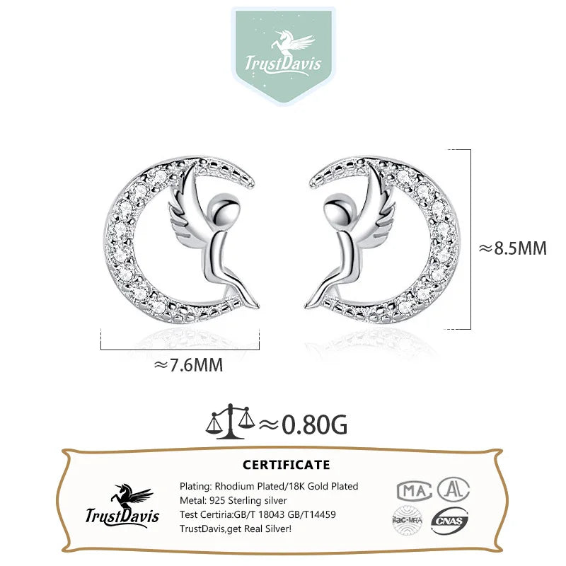 TrustDavis 925 Sterling Silver Women's Moon Stud Earrings Fashion Simple Moon Angel Earrings for Women Girls Jewelry Gift DS4276