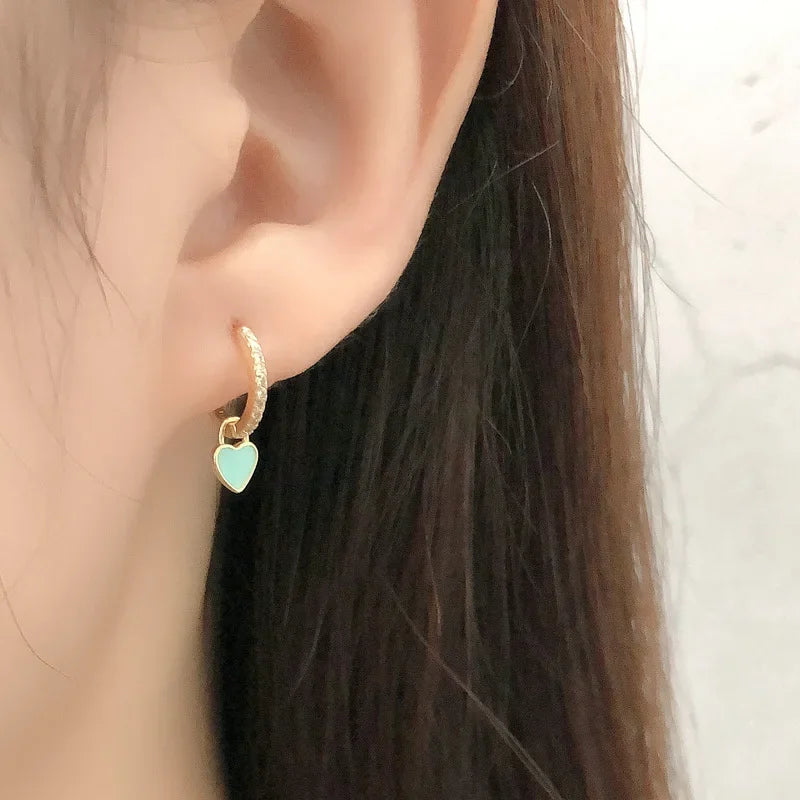 TrustDavis Real 925 Sterling Silver Glaze Heart Dangle Hoop Earrings For Women Wedding Party Fine Dazzling CZ Jewelry DA2745