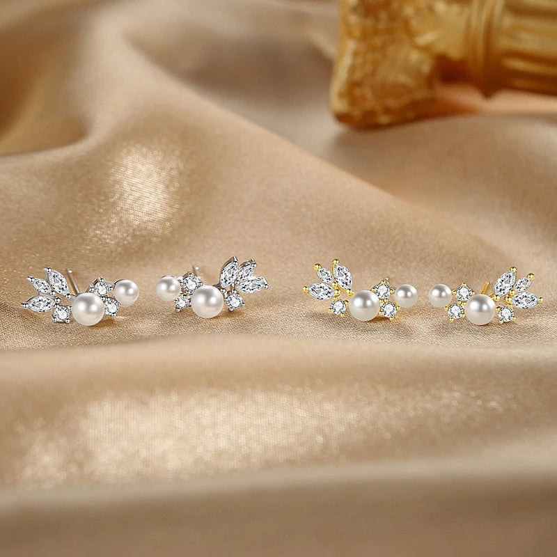 TrustDavis 925 Sterling Silver Women's Pearl Earrings Fashion Sweet Leaf with Pearl Earrings for Women Girls Jewelry Gift DS4437