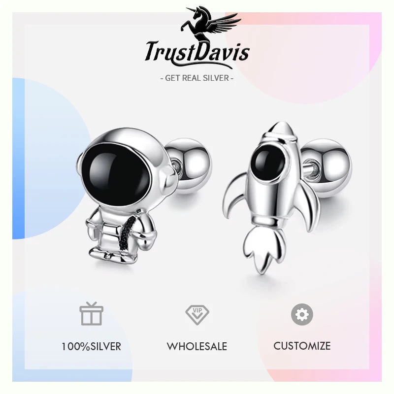 TrustDavis Real 925 Sterling Silver 2022 Sweet Astronaut Rocket Screw Stud Earrings For Daughter Girls Gift Fine Jewelry DG0062