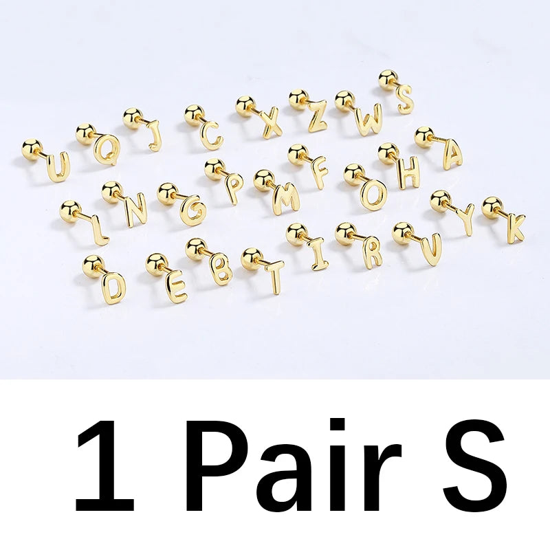 TrustDavis Real 925 Sterling Silver 26 Letter Screw Beads Stud Earring For Women Children Baby Minimalist Fine Jewelry DA2867