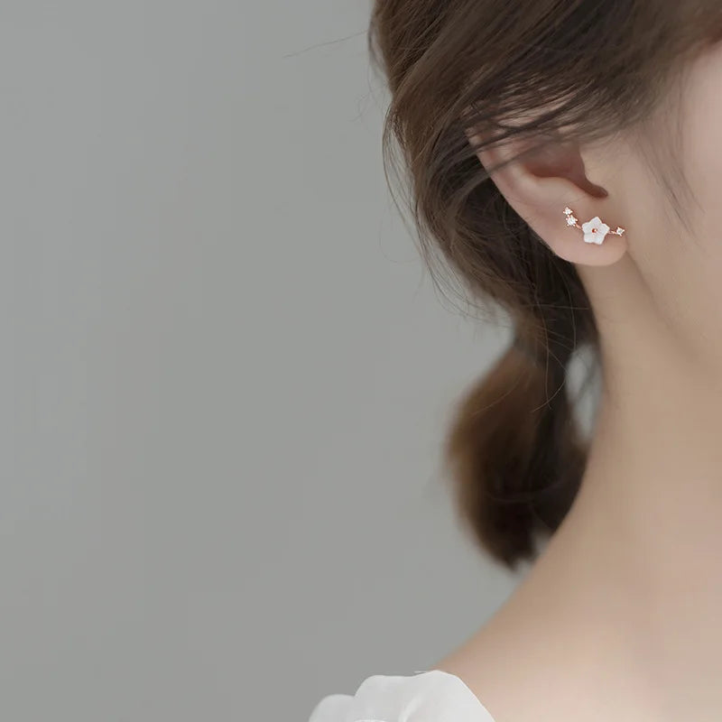 TrustDavis S925 Sterling Silver Fashion Sweet Shell Flower Shiny CZ Stud Earring For Women Wedding Party Birthday Present DS828
