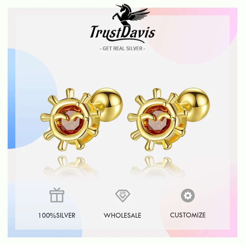 TrustDavis Real 925 Sterling Silver Minimalist Sunshine CZ Stud Earrings For Women Young Daughter Birthday Gift Jewelry DS4586