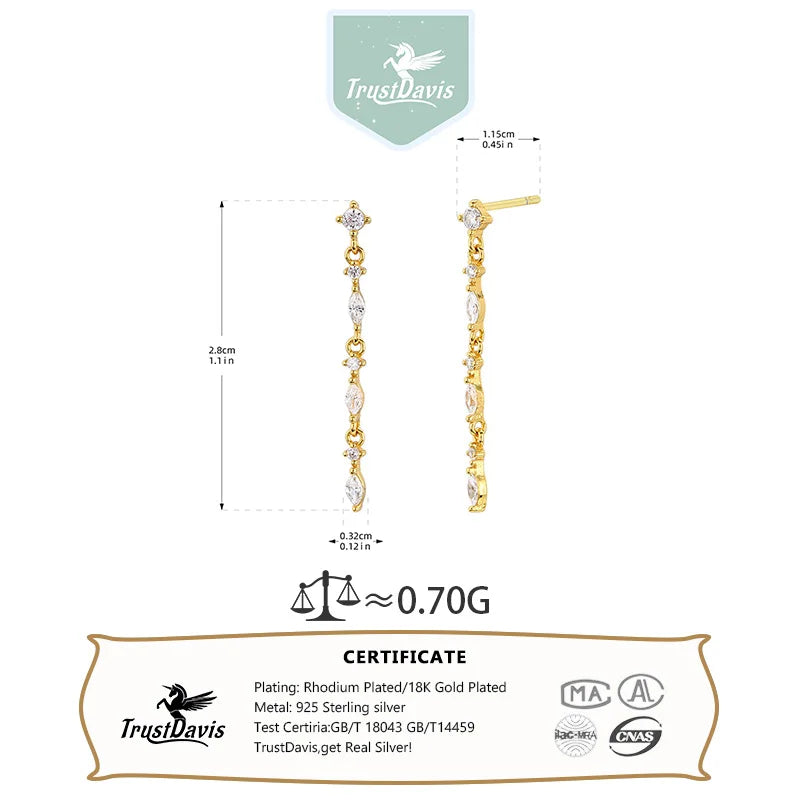 TrustDavis 925 Sterling Silver Women's Fashion Simple Zirconia Long Chain Drop Earrings for Women Girls Jewelry Gift DS4380