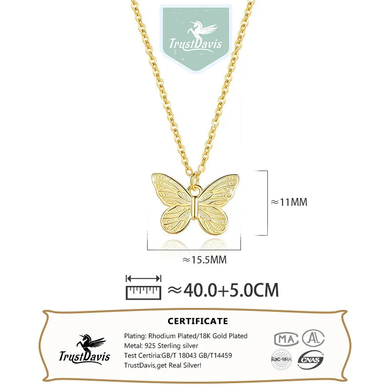 TrustDavis 925 Sterling Silver Women's Fashion Simple Butterfly Pattern Necklace for Women Girls Jewelry Gift DS4379