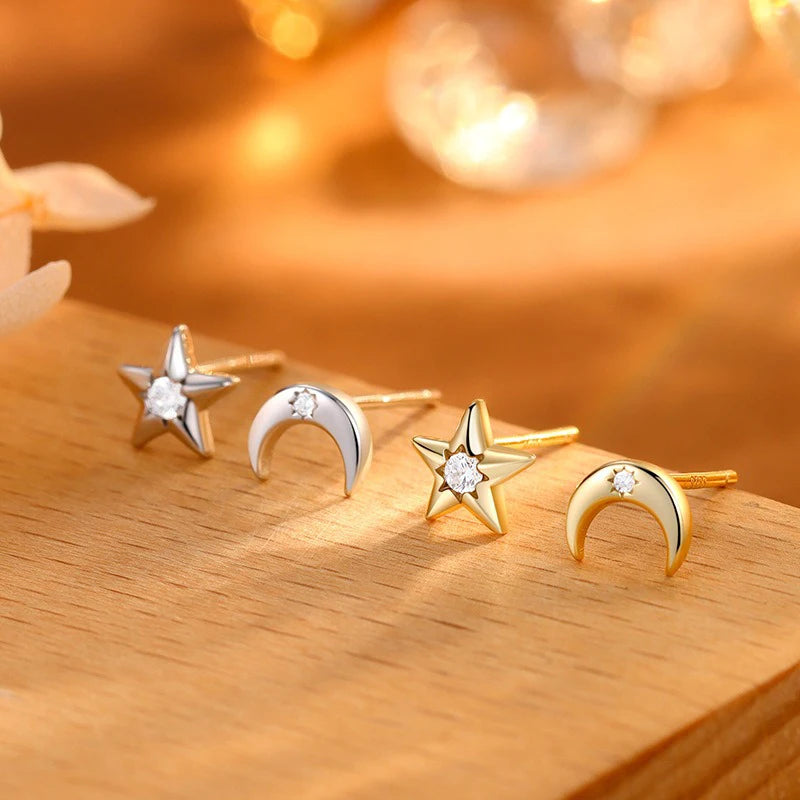 TrustDavis 925 Sterling Silver Women's Fashion Simple Round Zirconia Star Moon Earrings for Women Girls Jewelry Gift DS4272