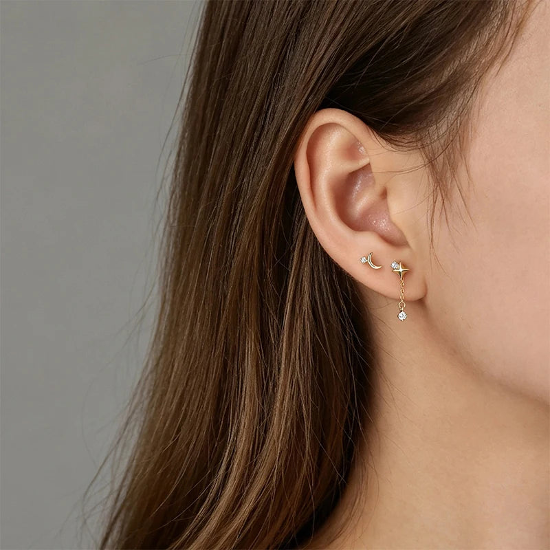 Moon and Star Tassel Zircon Stud Earrings for Women DS4979