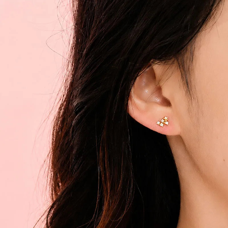 Real 925 Sterling Silver Asymmetrical Star Stud Earrings DS4957