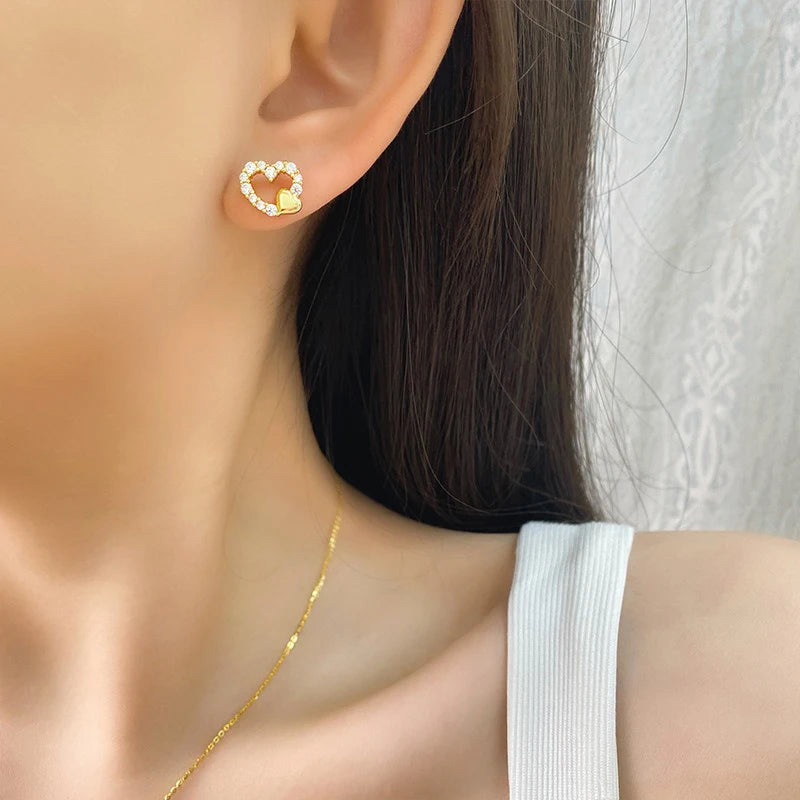 TrustDavis 925 Sterling Silver Women's Fashion Zircon Heart Hollow Earrings and Necklace Set for Women Girls Jewelry Gift DS4432