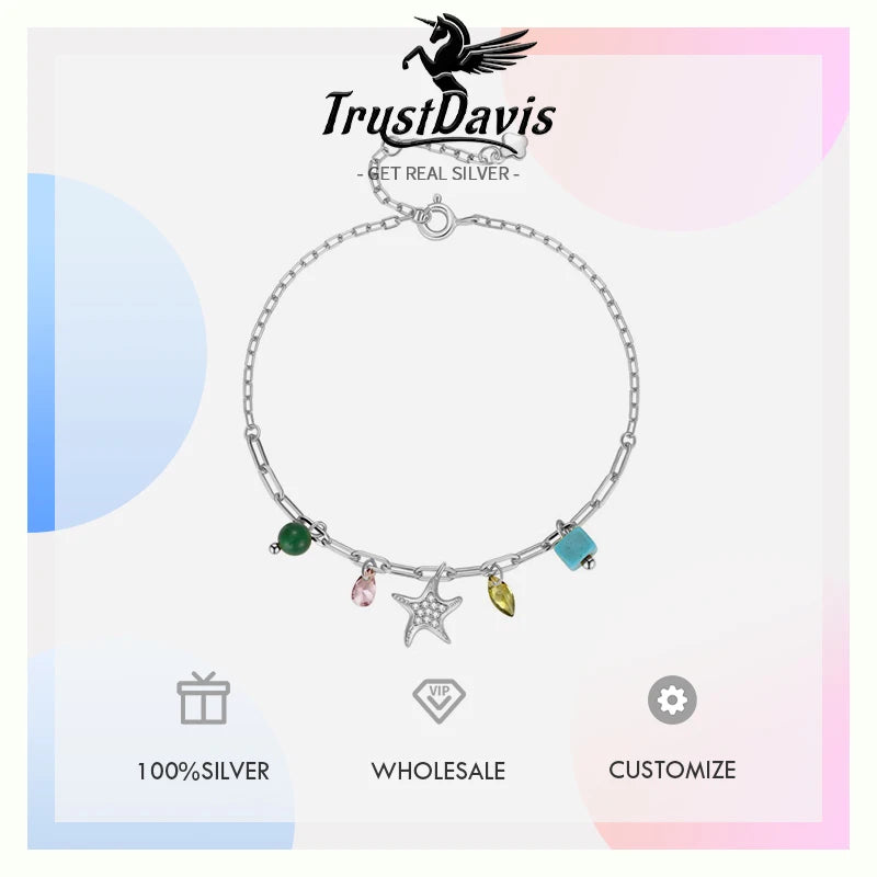 TrustDavis 925 Sterling Silver Women's Fashion Simple Starfish Zircon Turquoise Bracelet for Women Girls Jewelry Gift DS4439