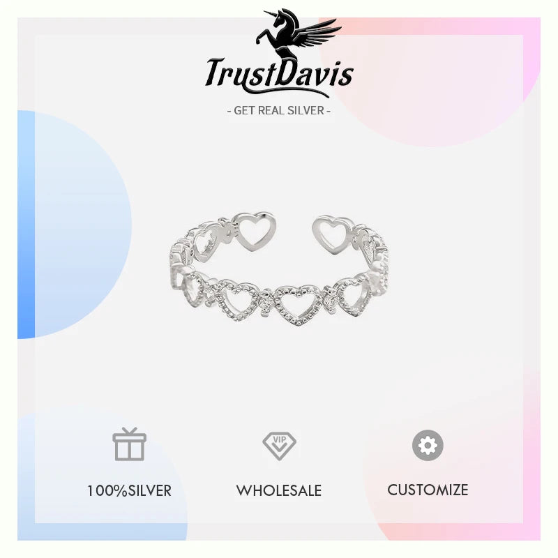 TrustDavis Girls 925 Sterling Silver Fashion Adjustable Heart Ring Hollow Heart Open Ring for Women Grill Gift Jewelry DS4215