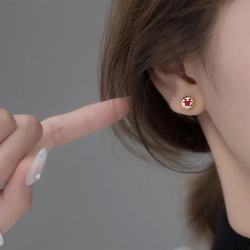 Round Heart Deer Red CZ Stud Earrings DA196