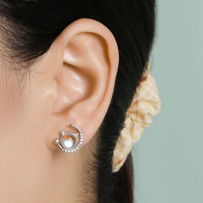 Moon Cat Moonstone Dazzling CZ Stud Earring DA2917