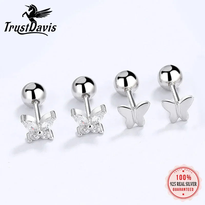 TrustDavis Real 925 Sterling Silver Fashion Insect Butterfly Shiny CZ Screw Stud Earrings For Women Wedding Fine Jewelry DB1424