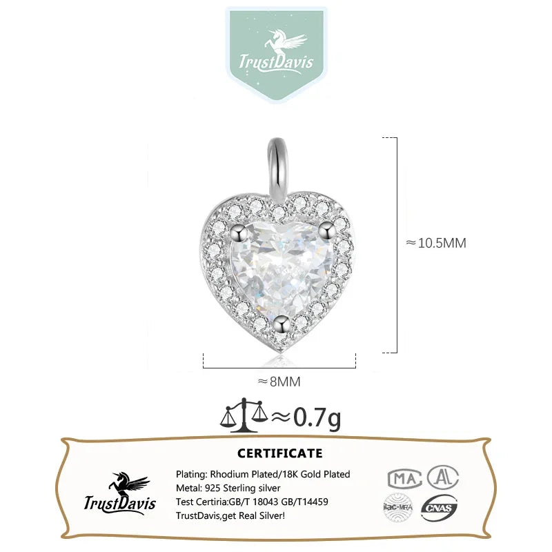 TrustDavis Real 925 Sterling Silver Sweet Romantic Heart Shiny CZ Pendant Handmade DIY Necklace Accessories Fine Jewelry HY846