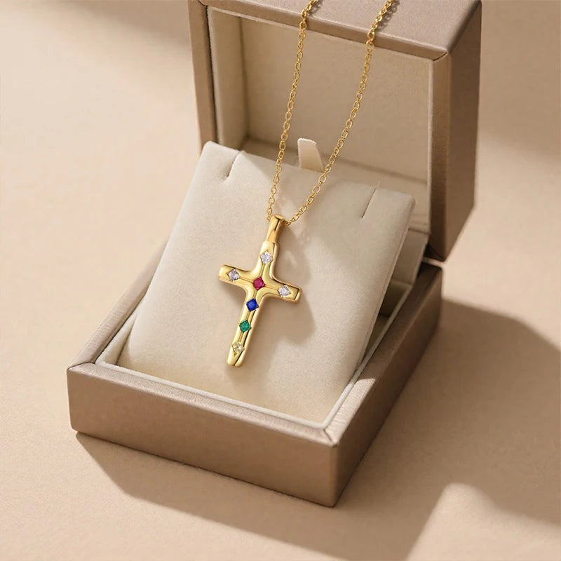 TrustDavis Real 925 Sterling Silver Fashion Colorful Zircon Cross Necklace for Women Girl Birthday Gift Fine Jewelry DS4668