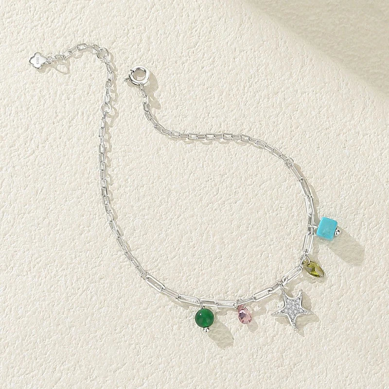 TrustDavis 925 Sterling Silver Women's Fashion Simple Starfish Zircon Turquoise Bracelet for Women Girls Jewelry Gift DS4439