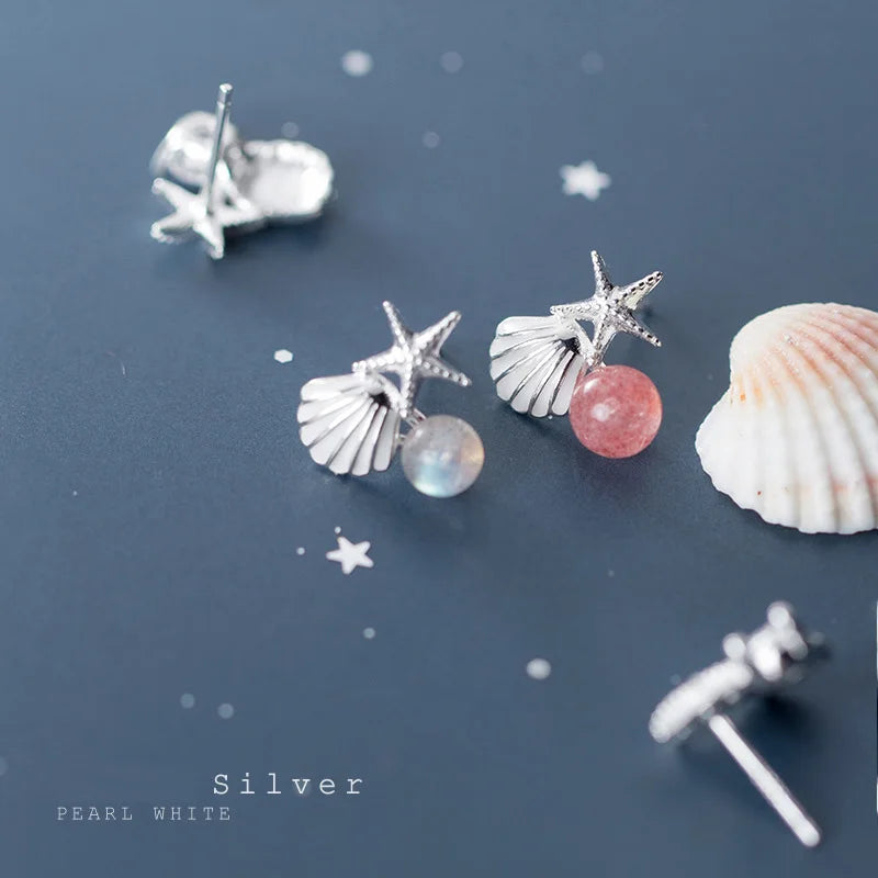 Trustdavis Genuine 925 Sterling Silver Fashion Asymmetric Starfish Shells Stud Earrings For Women Wedding Party Jewelry DA1235