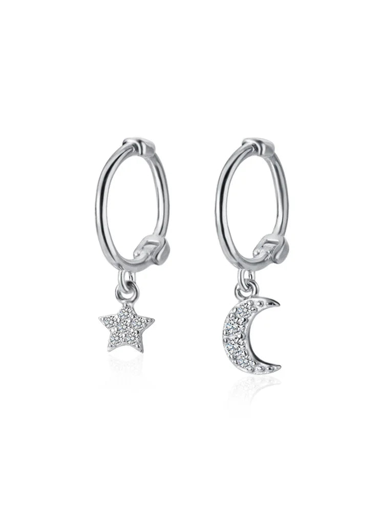 Trustdavis Authentic 925 Sterling Silver Fashion Star Moon Charm Hoop Earrings For Women Wedding Party Silver 925 Jewelry DS1771