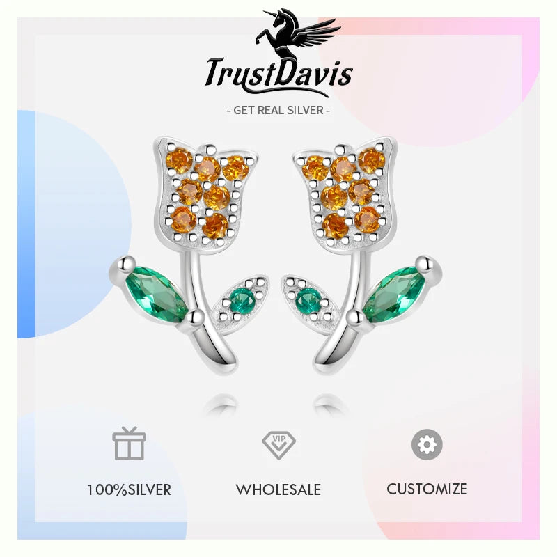 TrustDavis Real 925 Sterling Silver Sweet Light Luxury Rose Stud Earrings for Women Children Baby Minimalist Jewelry DA3233