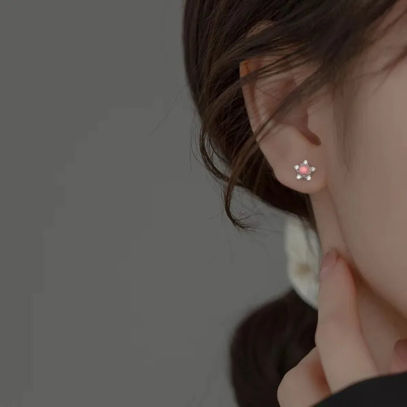 Real 925 Sterling Silver Pink Cat's Eye Star Stud Earrings DA2974