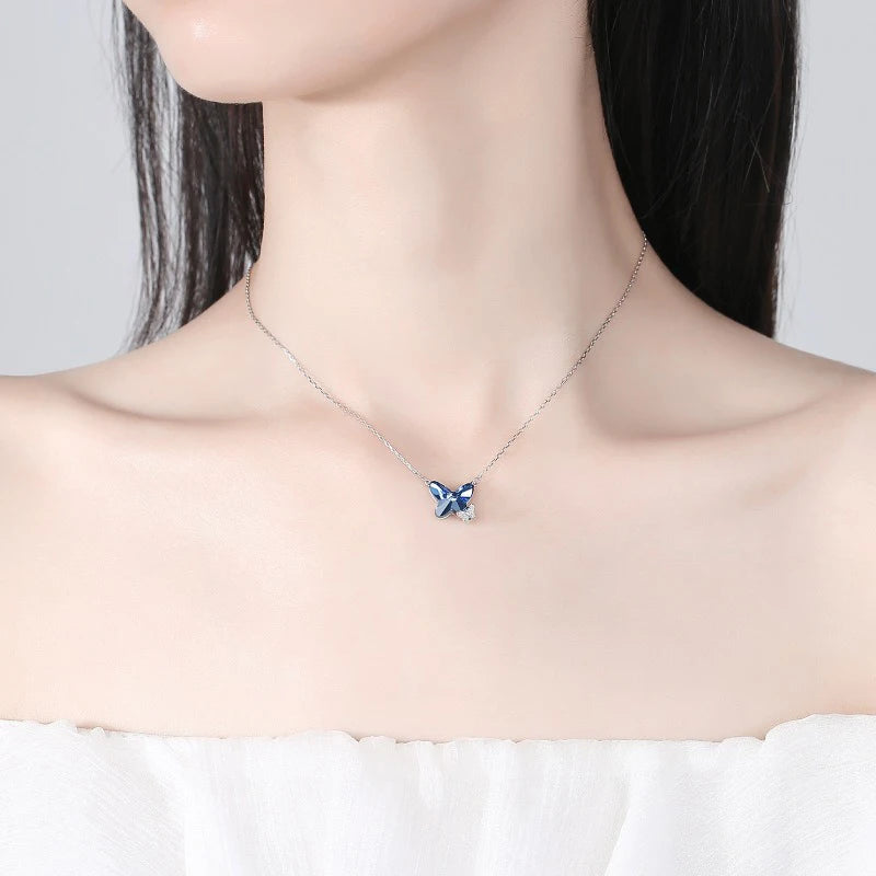 TrustDavis Real 925 Sterling Silver Women's Fashion Sweet Blue Crystal Butterfly Necklace for Women Gril Gift Jewelry DS4218