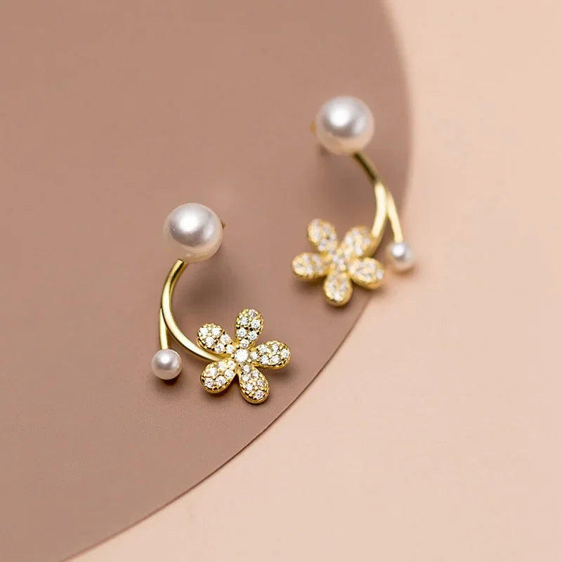 TrustDavis Real 925 Sterling Silver Synthesis Pearl Sweet Flower Zircon Stud Earrings For Women Wedding Fine 925 Jewelry DE0295