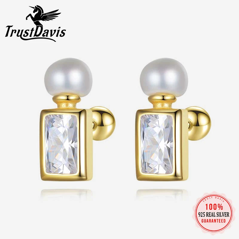 TrustDavis Girls Real 925 Sterling Silver Bright CZ Pearl Screw ball Stud Earring for Women Wedding Party Jewelry DS4509
