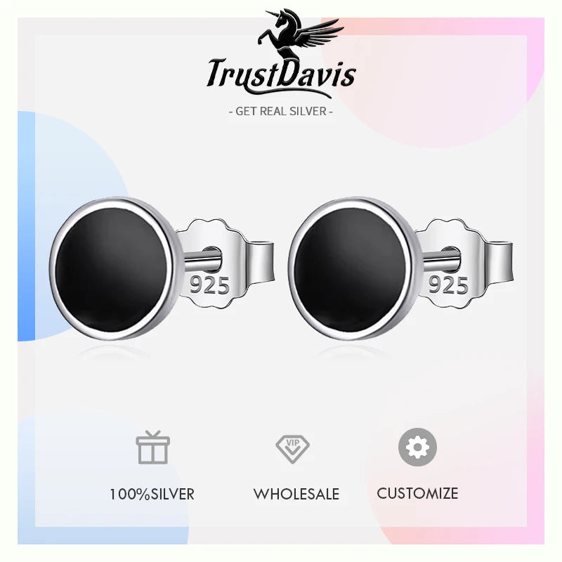 TrustDavis 925 Solid Real Sterling Silver Jewelry 4mm 6mm 8mm Black Round Stud Earrings For Women Girls Silver Jewelry DS1210