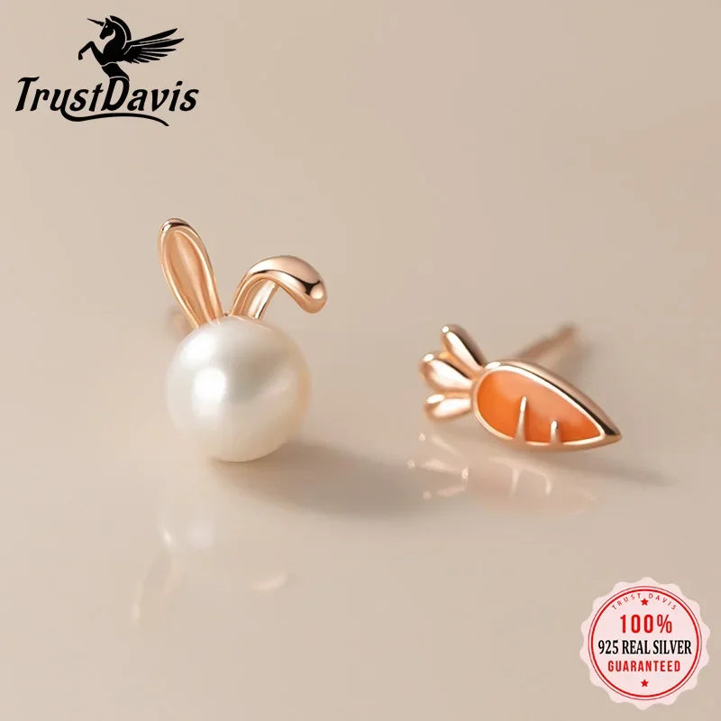 TrustDavis Girls Real 925 Sterling Silver Cute Rabbit Carrot Stud Earrings For Daughter Fine Birthday Jewelry Gift DS3962