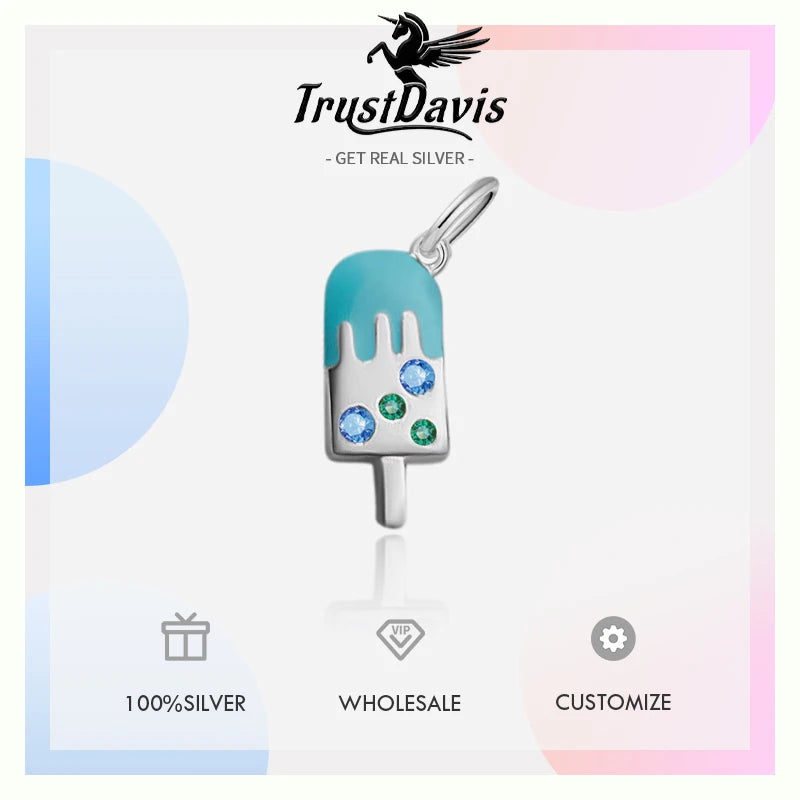 TrustDavis Real 925 Sterling Silver Fashion Colorful Ice Cream Charm Pendant Handmade DIY Accessories Jewelry Wholesale DZ1744