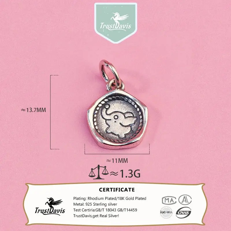 TrustDavis 925 Sterling Silver Cute Circular Elephant Charms Pendant for Bracelet Necklace DIY Accessories DZ1660