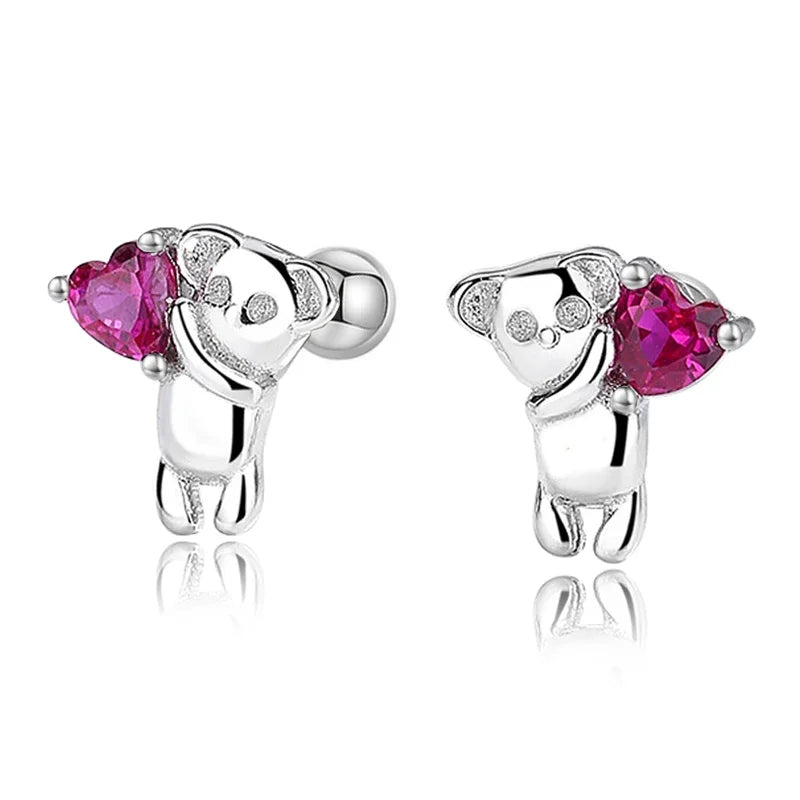 TrustDavis Real 925 Sterling Silver Fashion Sweet INS Animal Dog Bear Screw Stud Earrings For Women Party Fine Jewelry DG0024