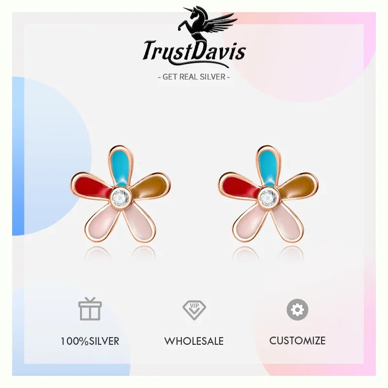 TrustDavis Girls Real 925 Sterling Silver Cute Colorful Five Petal Flower Earring Gift for Women Girl Fine Jewelry Gift DS4074