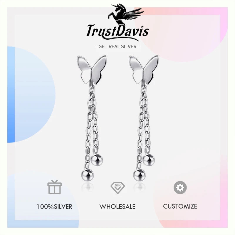 TrustDavis Real 925 Sterling Silver Women's Butterfly Earrings Sweet Butterfly Tassel Earrings for Women Gift Jewelry DS4472