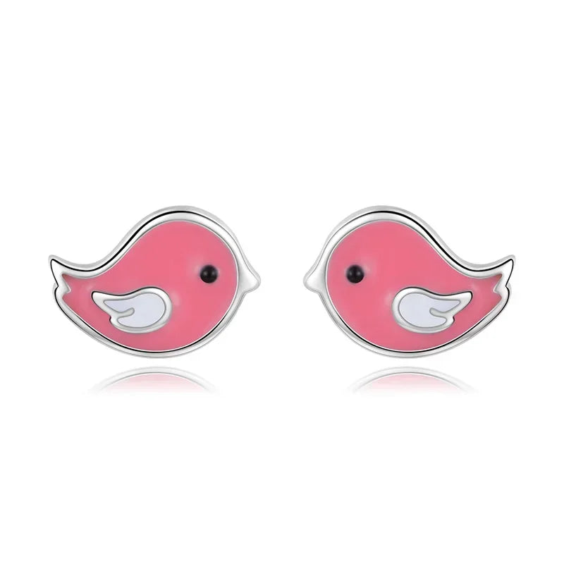 TrustDavis Real 925 Sterling Silver Fashion Sweet Glaze Pink Birds Stud Earrings For Women Wedding Party Fine Jewelry Gift DS616