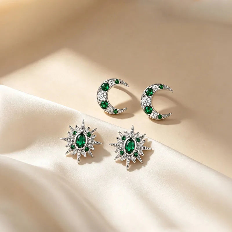 Silver Stars Moon Emerald Zircon Stud Earrings DS5018